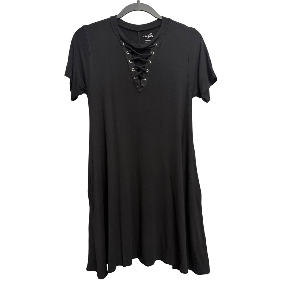 Alya Black Lace Up V-Neck Short Sleeve Swing Dress Pockets Medium Gothic Y2K